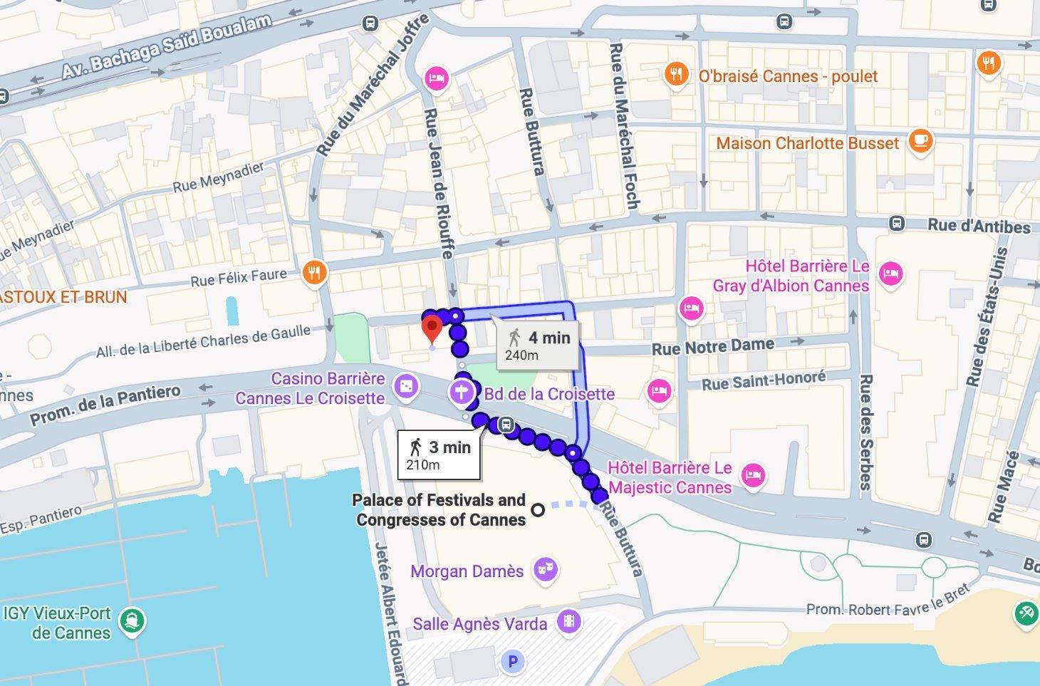 Map showing Apartment XTAS at 3 Square Mérimée, a short walk from the Palais des Festivals